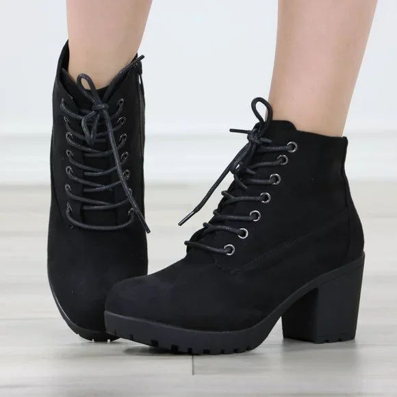 Black Suede Ankle Chunky Block Lug High Heel Boots Lace-Up - Picture 9 of 13